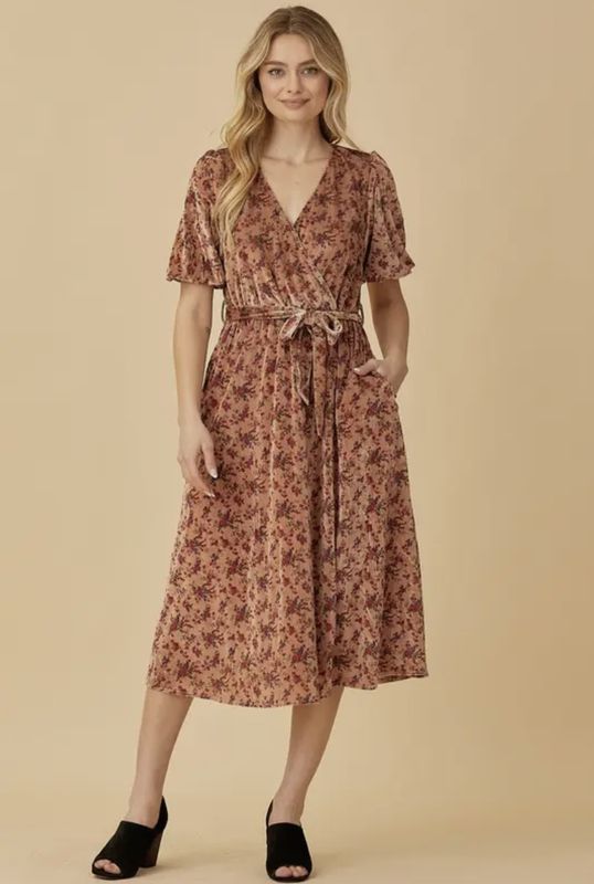 Velvet Ribbed Floral Surplice Midi Dress