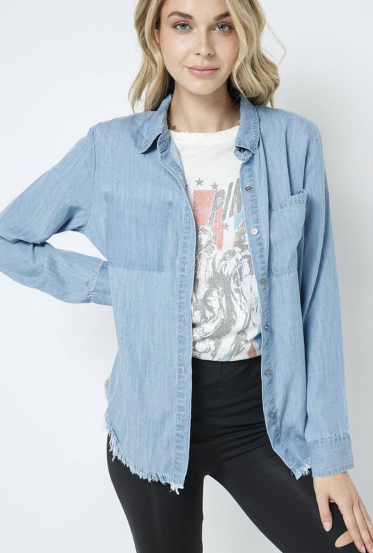Tencel Chambray Frayed Button Down Shirt