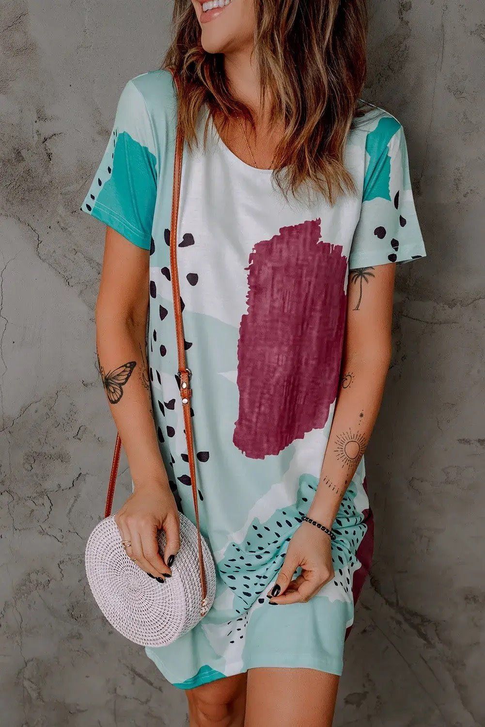 Abstract Watercolor Print Soft Short Sleeve Dress