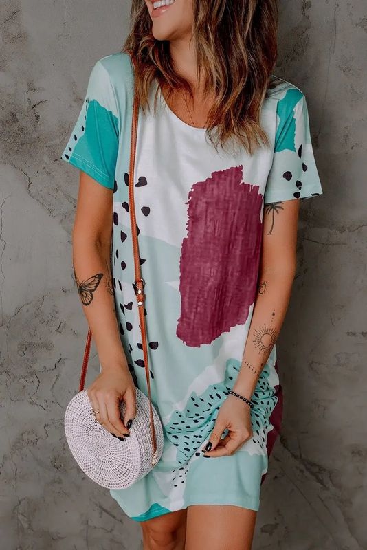 Abstract Watercolor Print Soft Short Sleeve Dress