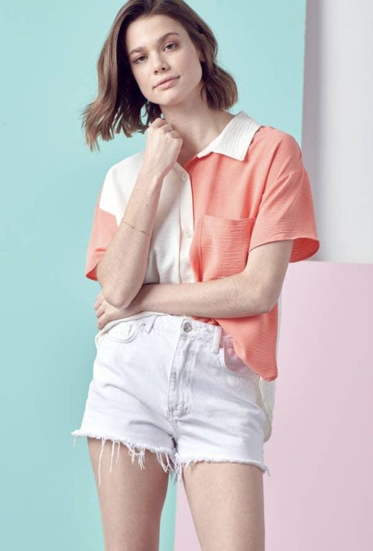 Woven Airflow Color Block Button Down Top