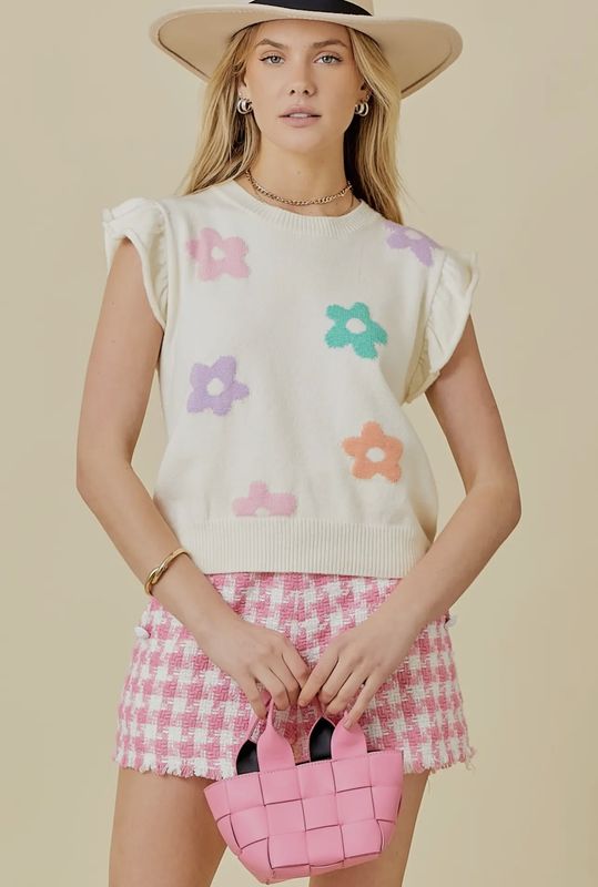 Floral Jaqcuard Ruffle Sleeve Sweater Top