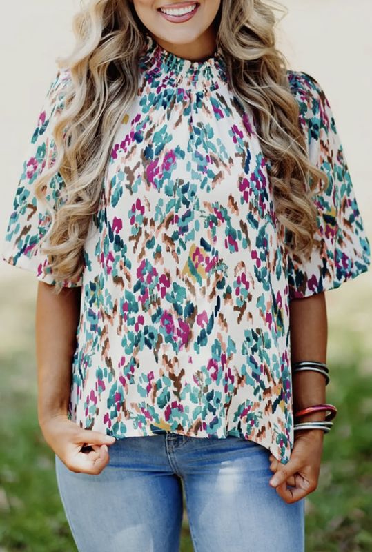 Abstract Print Mock Neck Puff Sleeve Blouse