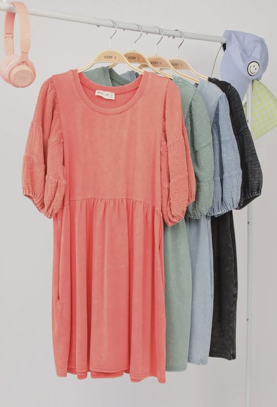 Gauze Puff Sleeve Mineral Washed Knit Mini Dress
