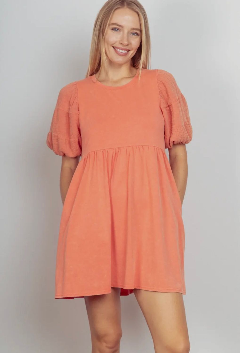 Gauze Puff Sleeve Mineral Washed Knit Mini Dress, Color: Coral, Size: S