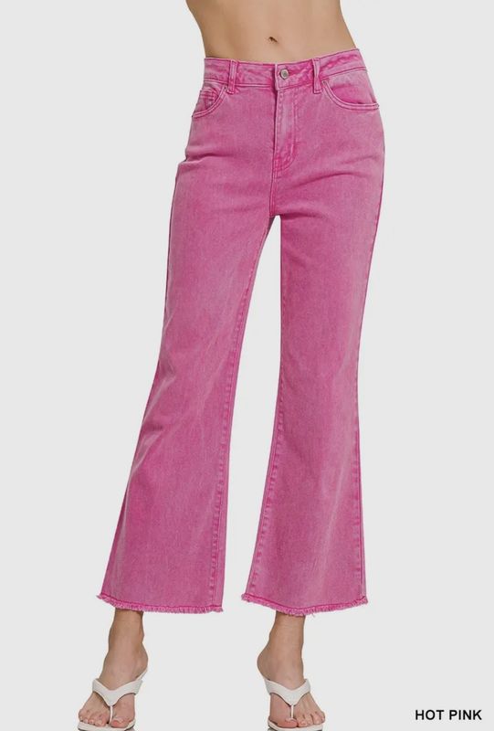 Acid Wash Hi-Waist Fray Hem Kick Flare Jeans