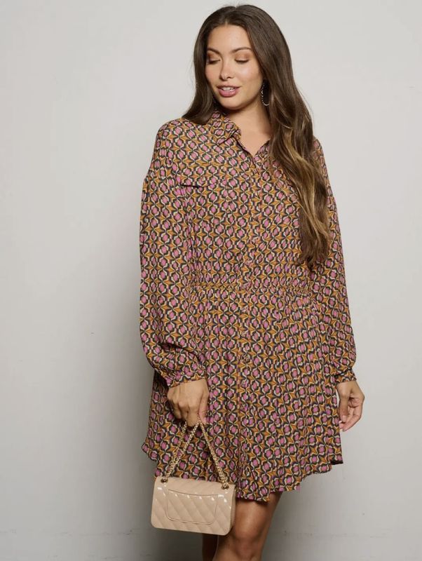 Long Sleeve Button Up Multi Print Mini Dress