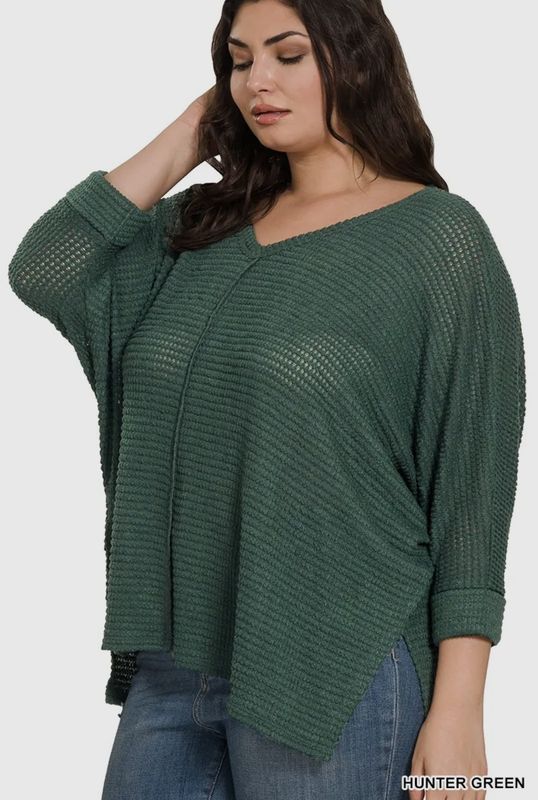 Plus 3/4 Sleeve V-Neck Hi-Low Hem Jacquard Sweater Top