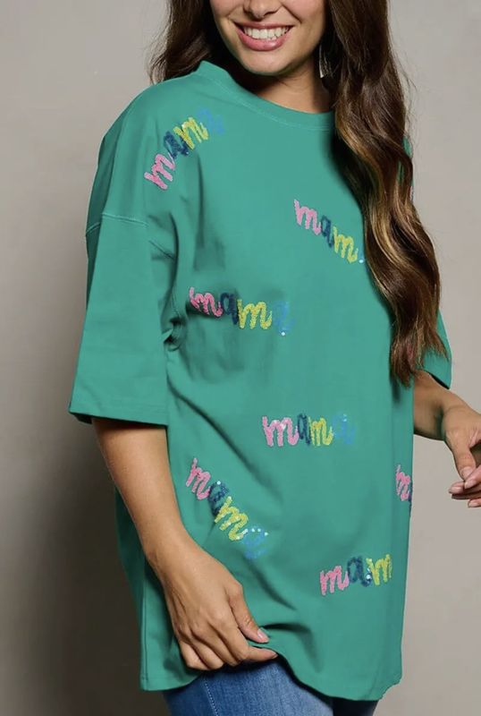 Short Sleeve Oversized Sequin Mama Graphic Top