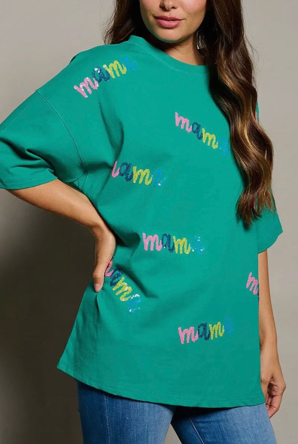 Short Sleeve Oversized Sequin Mama Graphic Top, Color: Green, Size: S