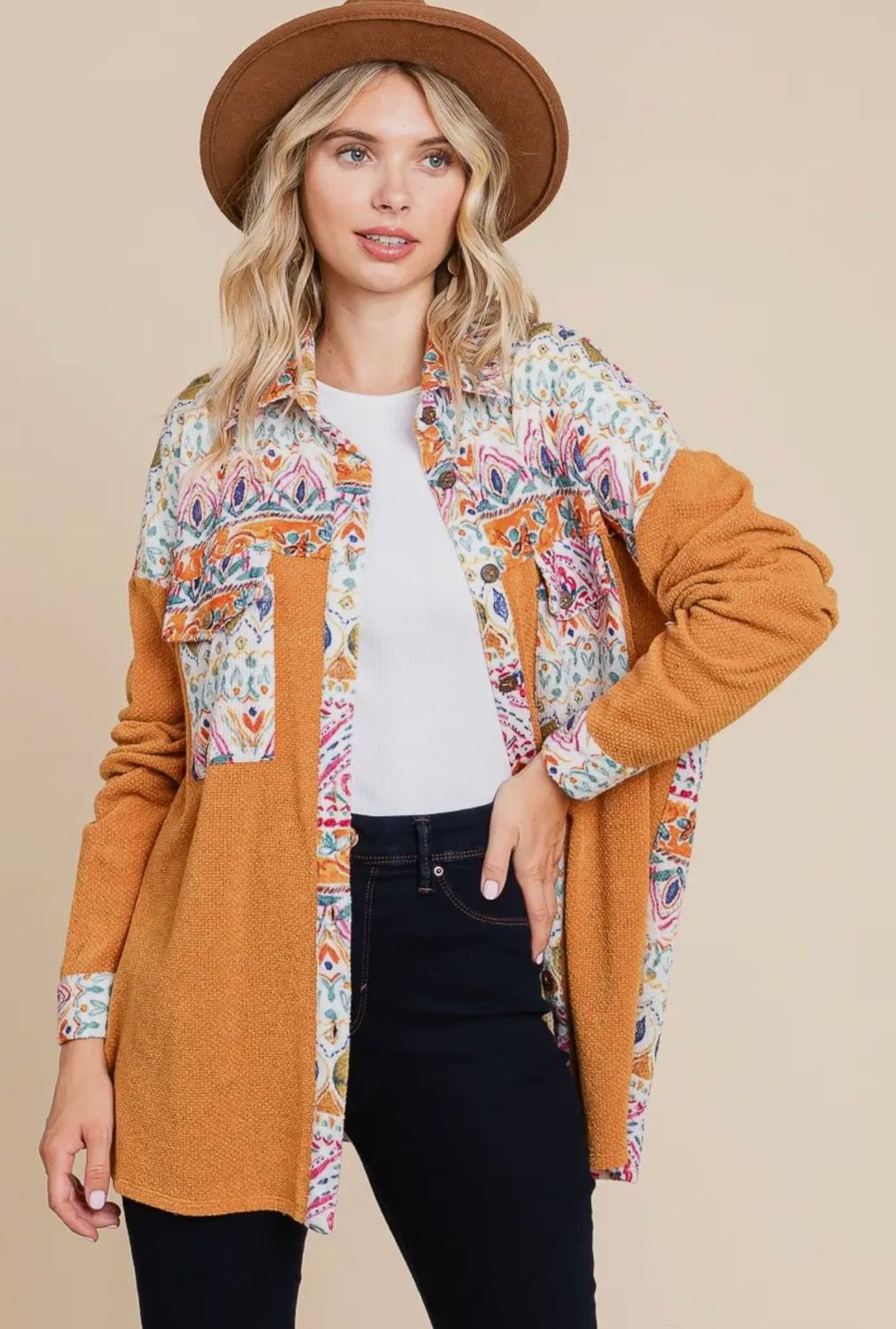 Multi Print/Color Block Jacquard Shacket , Color: Camel, Size: S