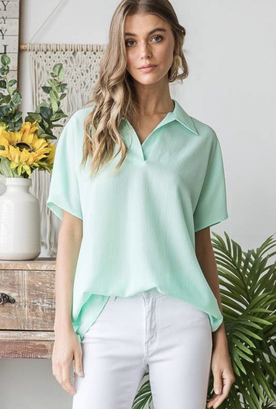 Woven Mandarin Collar Short Sleeve Top