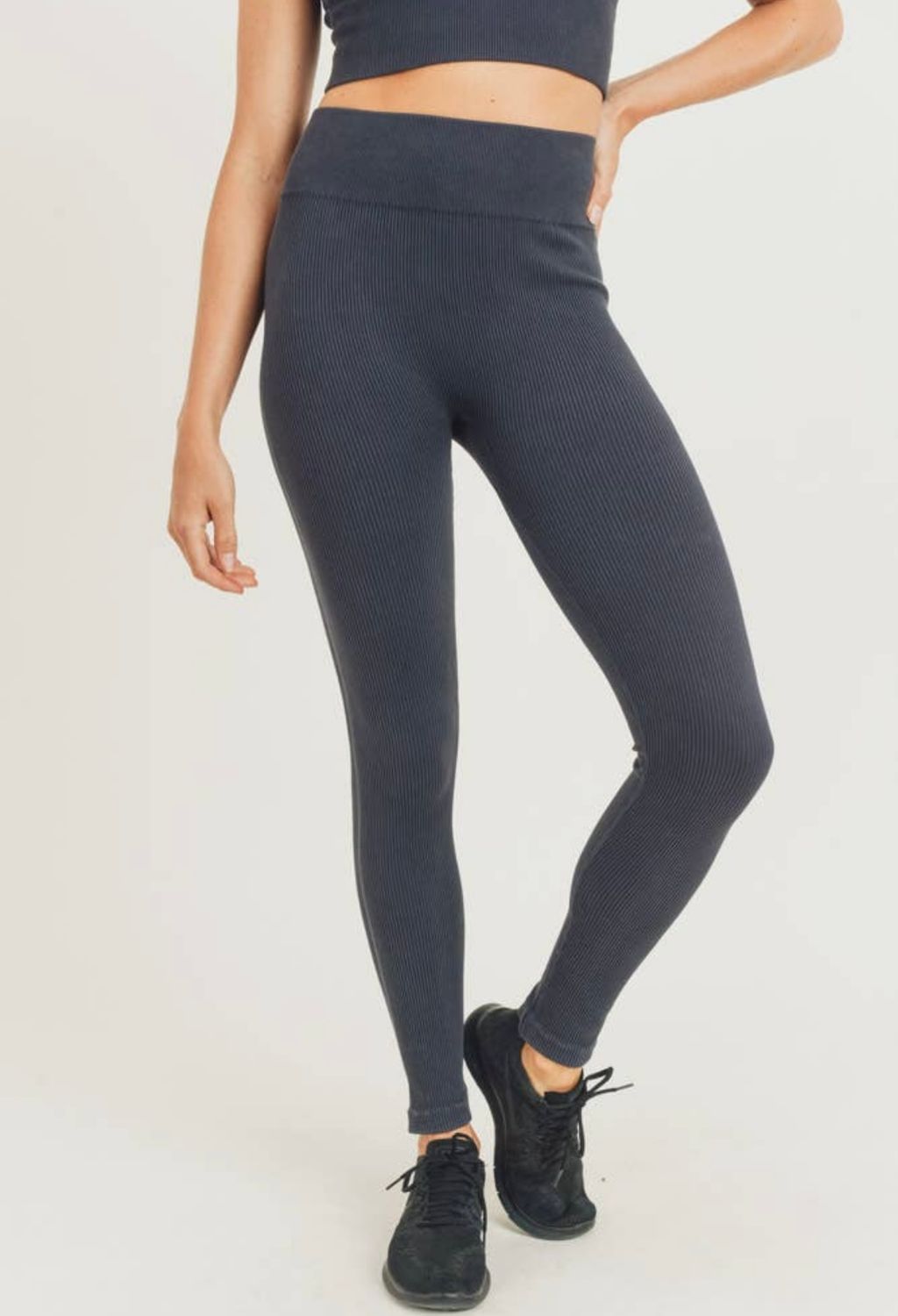 Mineral Wash Ribbed Essential Seamless High Waist Leggings, Color: Black, Size: S