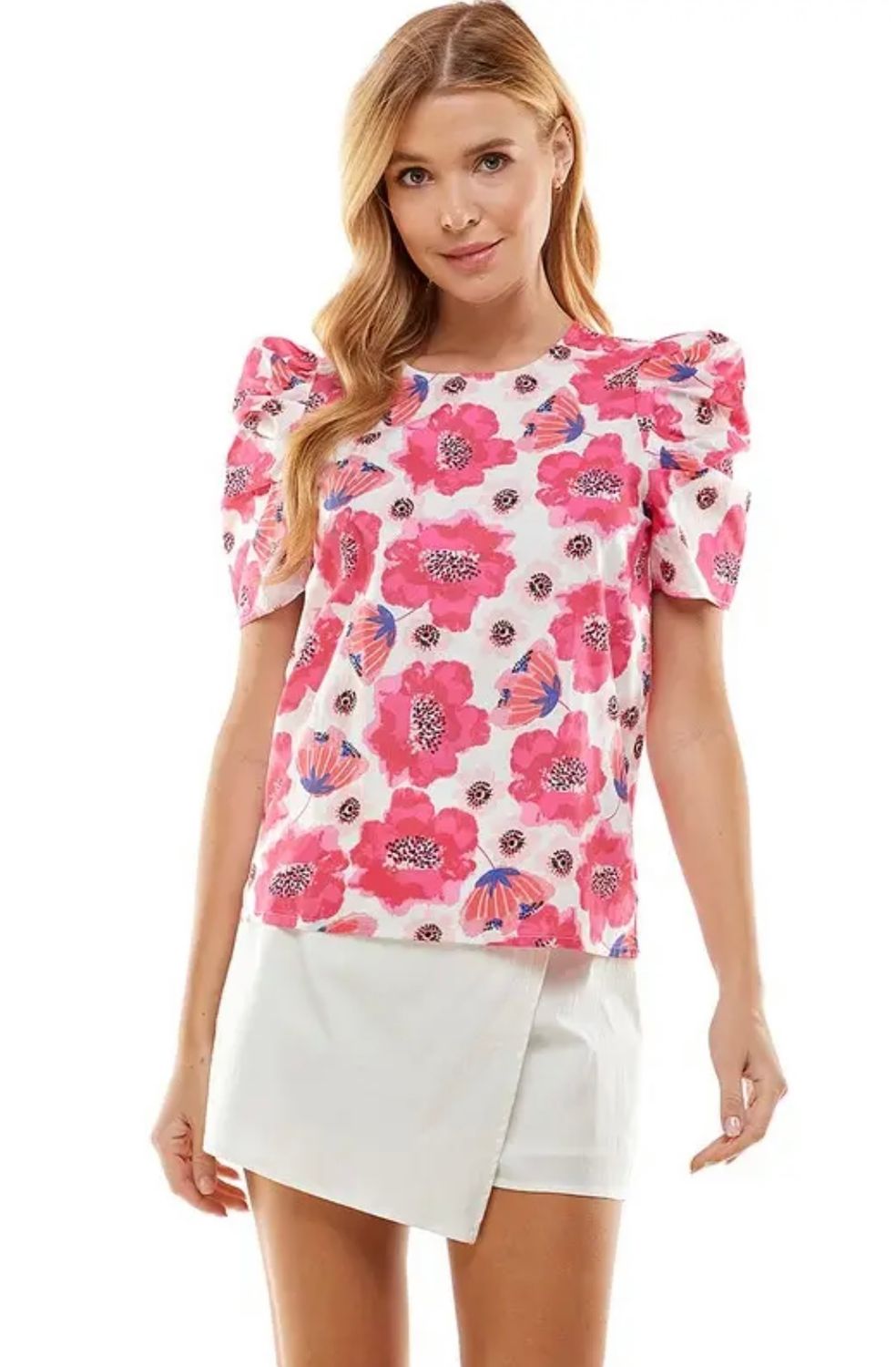 Floral Print Puff Sleeve Top, Color: Pink, Size: S