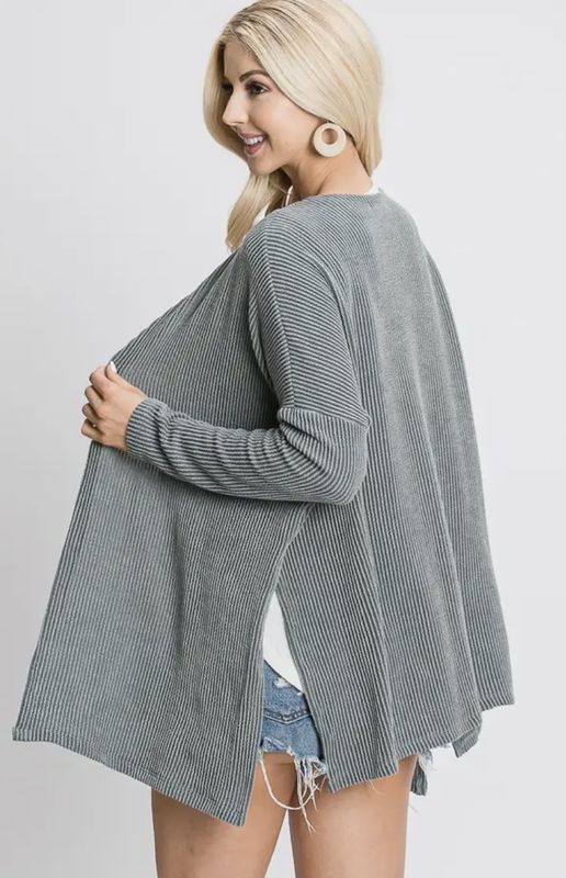 Ribbed Knit Side Slit Cardigan