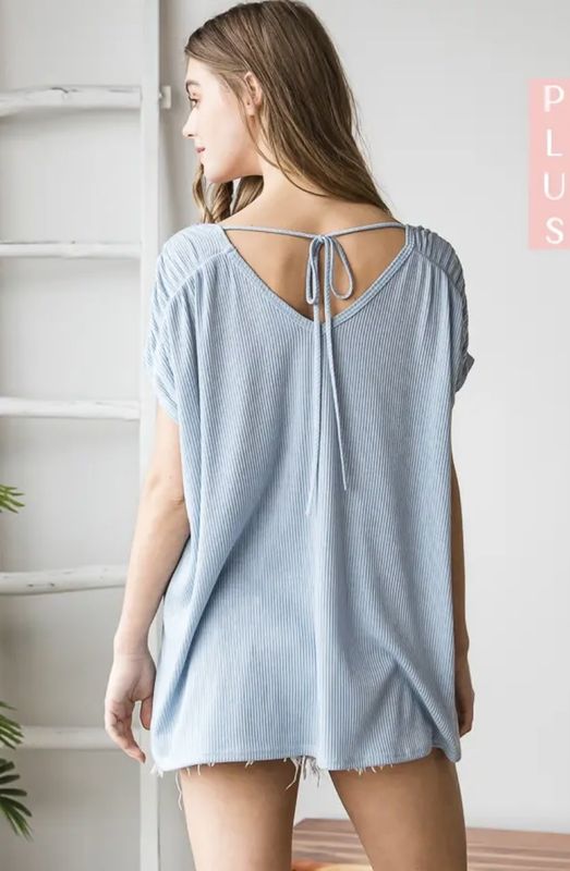 Plus Size Ribbed Knit Scrunched Sleeve Tie Back Top