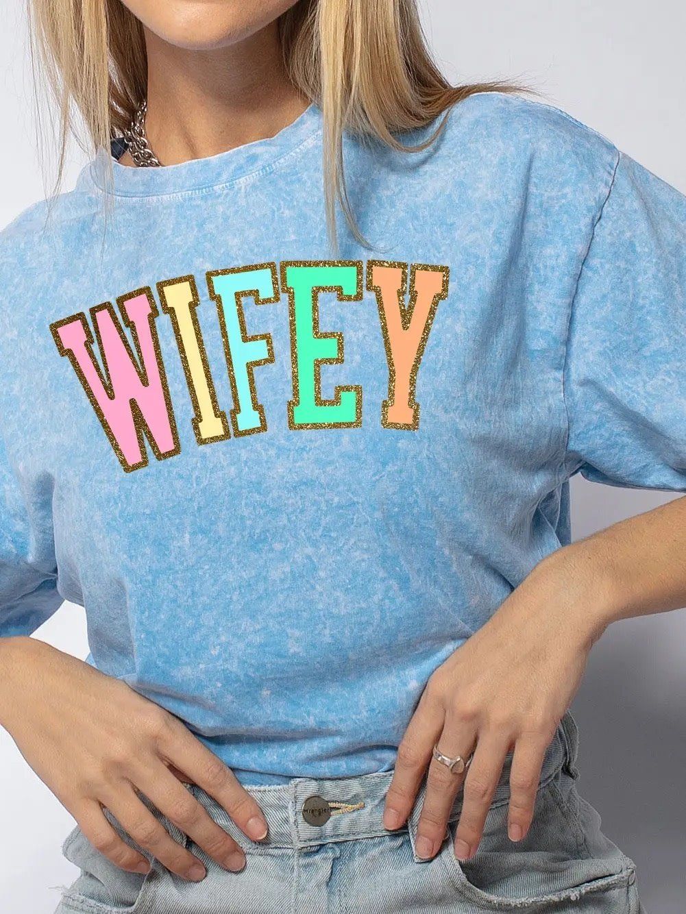 &quot;WIFEY&quot; Multi Color Glitter Mineral Wash Tee