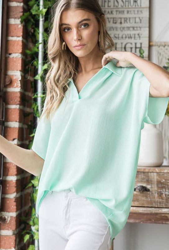 Woven Mandarin Collar Short Sleeve Top
