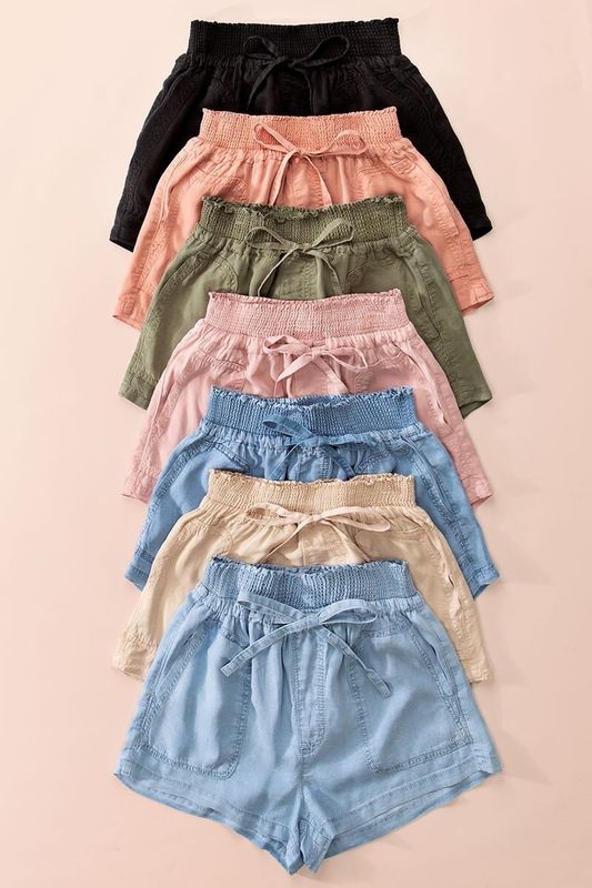 Tencel Denim Smocked Waist Drawstring Shorts