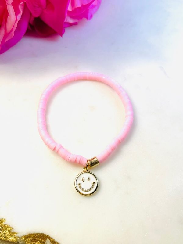 Pink &amp; Gold Clay Bead Smiley Bracelets