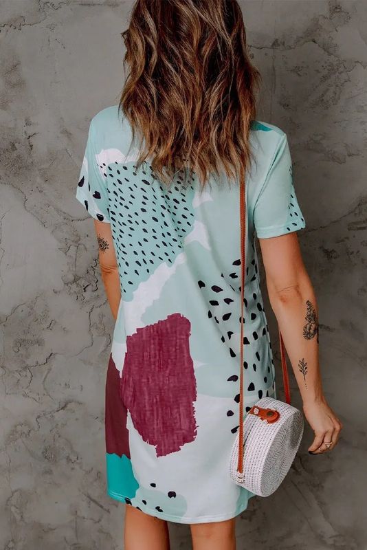 Abstract Watercolor Print Soft Short Sleeve Dress