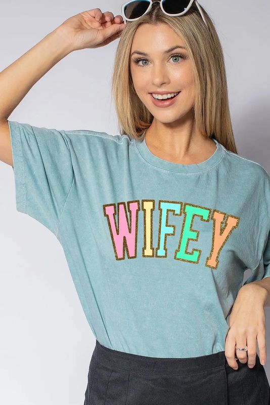 "WIFEY" Multi Color Glitter Mineral Wash Tee