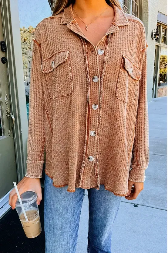 Plain waffle knit open button pocket shirt