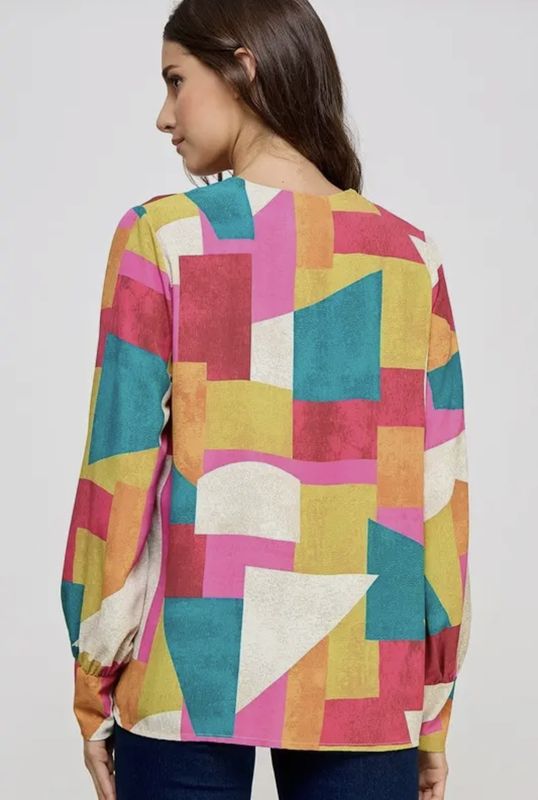 Abstract Print V-Neck Cuff Sleeve Blouse