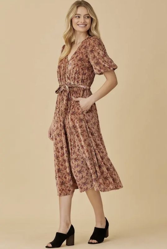 Velvet Ribbed Floral Surplice Midi Dress