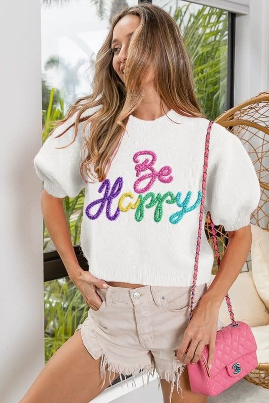 Glittery Metallic Fuzzy &quot;Be Happy&quot; Puff Sleeve Dupe Sweater 