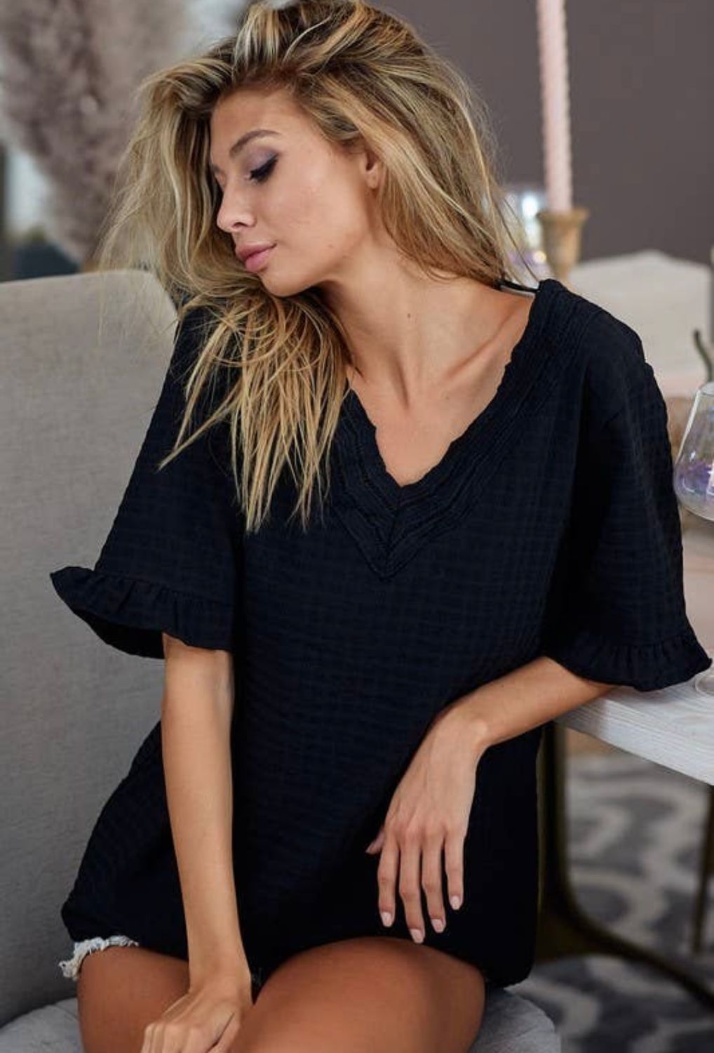 Seersucker Woven Top With Lace Neck Trim, Color: Black, Size: S