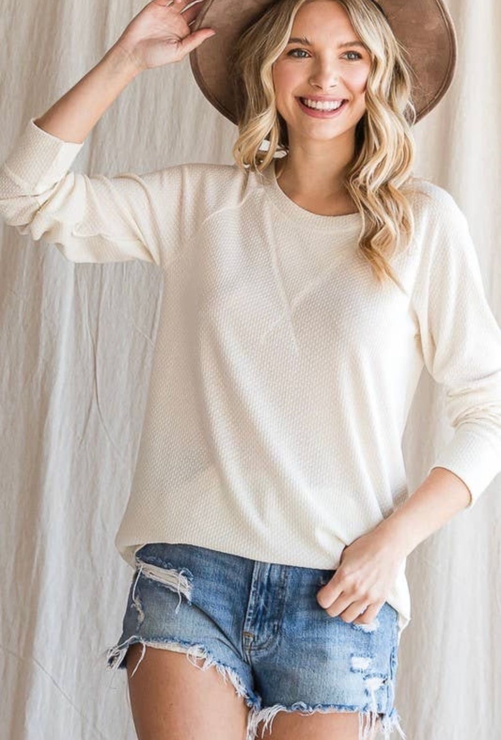 Waffle Knit Reverse Stitch Top, Color: Cream, Size: S
