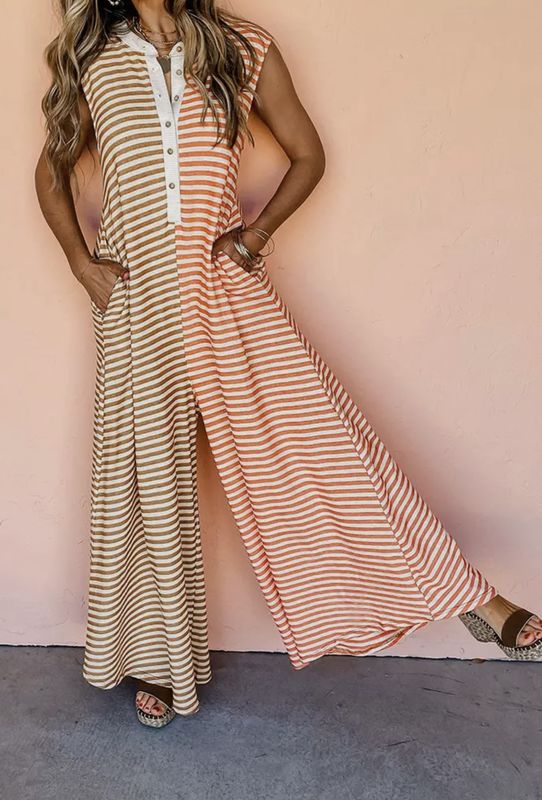 Oversized Ribbed Stripe Splicing Sleeveless Jumpsuit