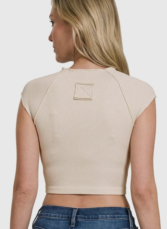 Ribbed Exposed Seam Short Sleeve Crop Top