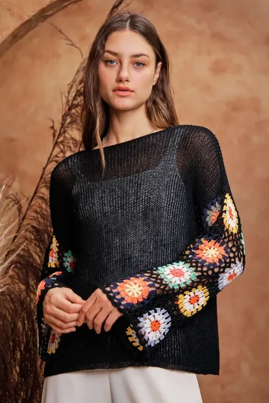 Floral Long Sleeve Cropped Knit Sweater Top