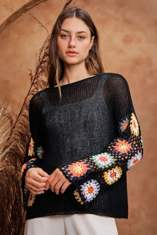 Floral Long Sleeve Cropped Knit Sweater Top