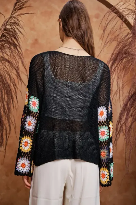 Floral Long Sleeve Cropped Knit Sweater Top