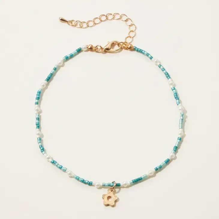 Seed Bead Flower Charm Anklet