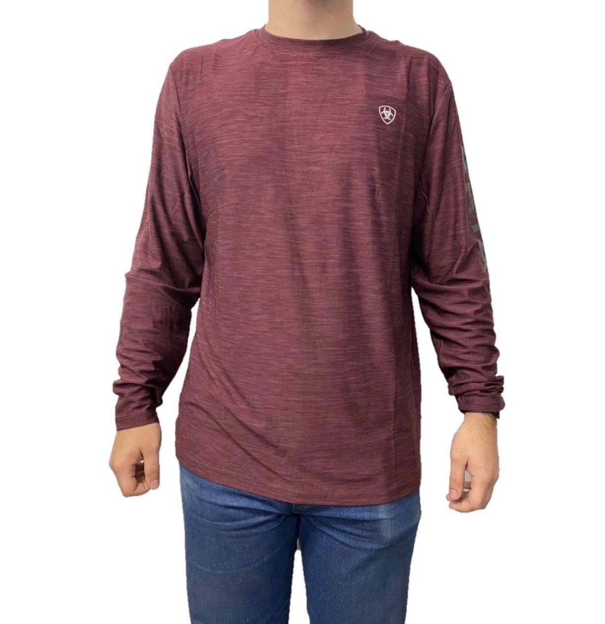 ARIAT MNS CHARGER LOGO LS TEK T-SHIRT, Color: MALBEC HEATHER, Size: S