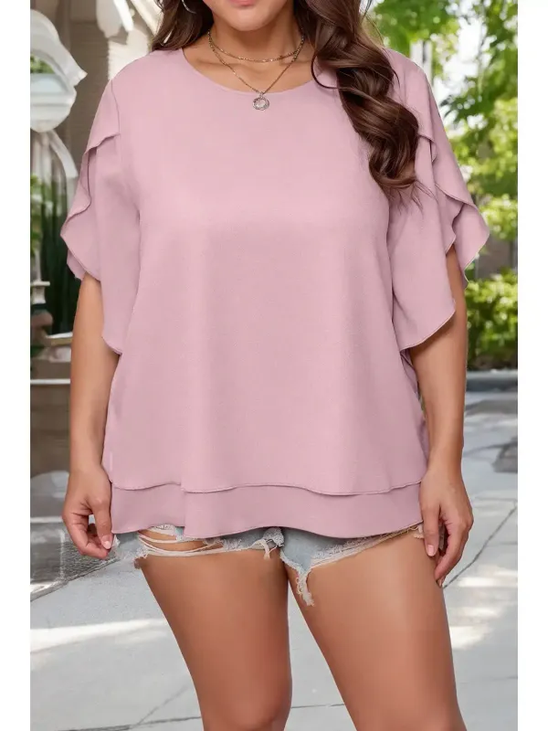 Plus Size Frilly Overlap Sleeve Double Layered Top