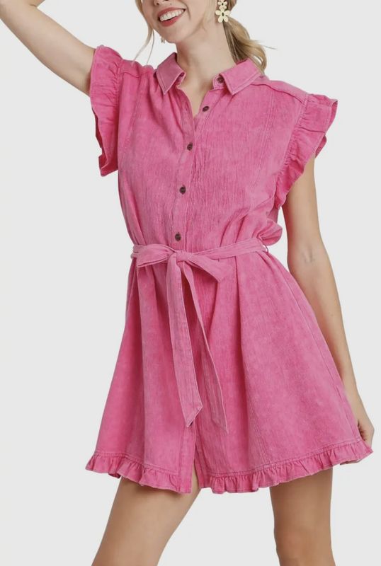 Snow Washed Collared Button Down Ruffle Short Sleeve Dress