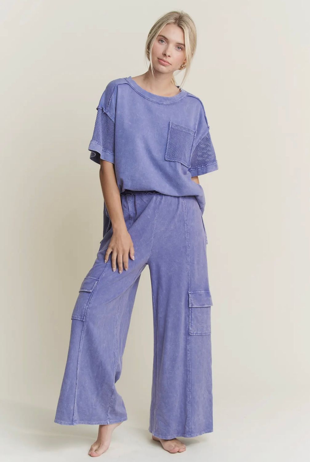 Terry Mineral Wash Mesh Pocket Cargo Pants, Color: Violet, Size: S