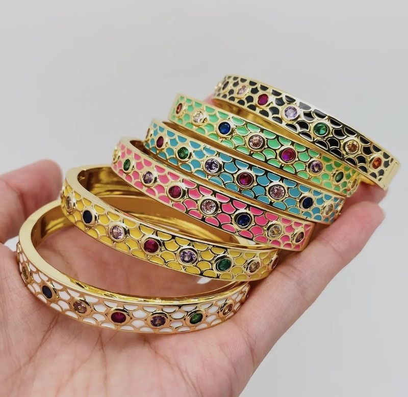 Enamel Gold-Plated Metal Bangle with Cubic Zirconia