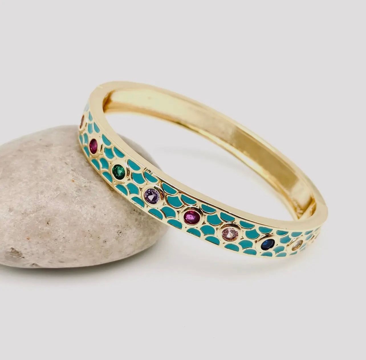 Enamel Gold-Plated Metal Bangle with Cubic Zirconia, Color: Blue, Size: OS