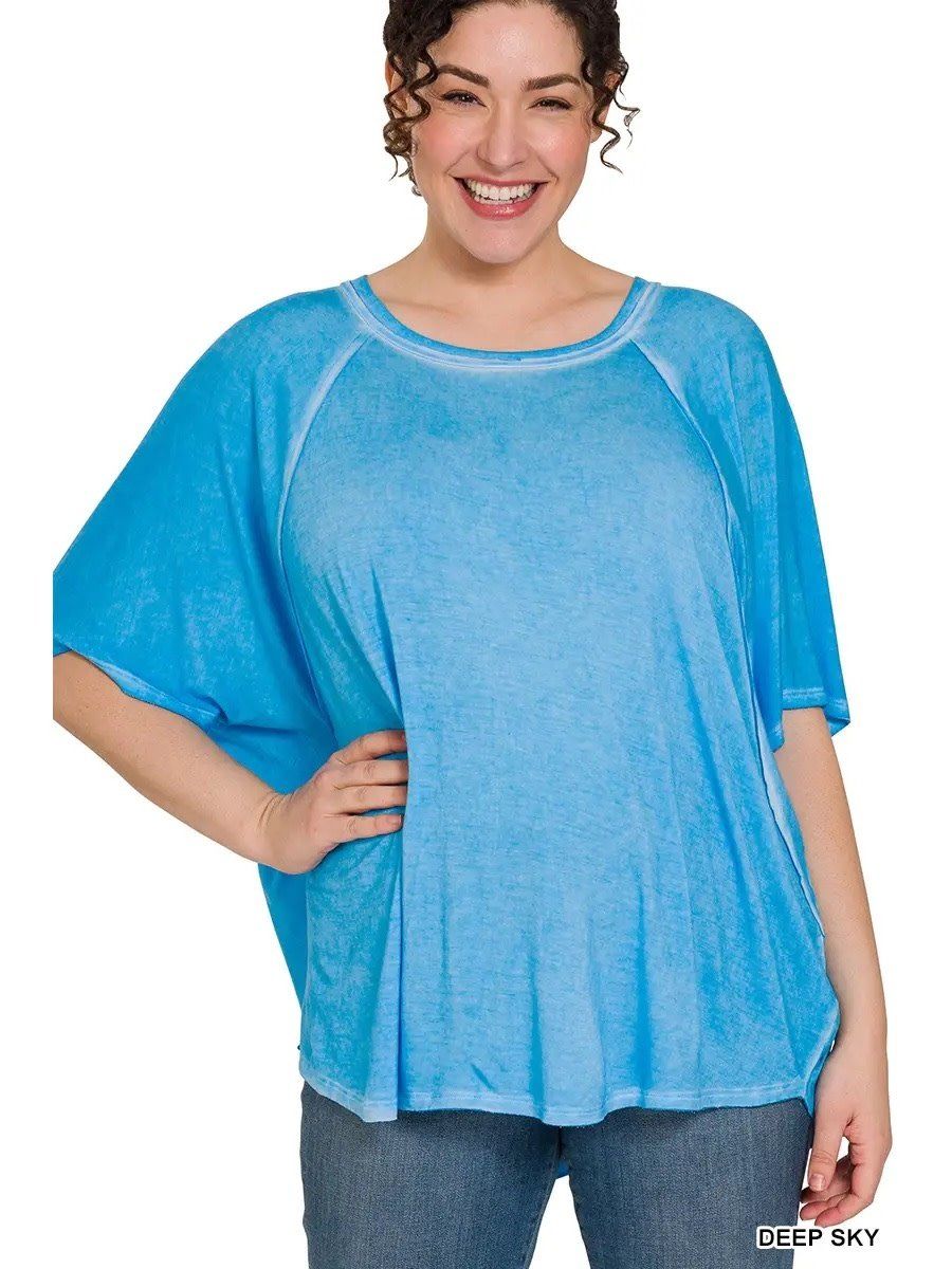 Plus Size Washed Dolman Sleeve Boat Neck Top