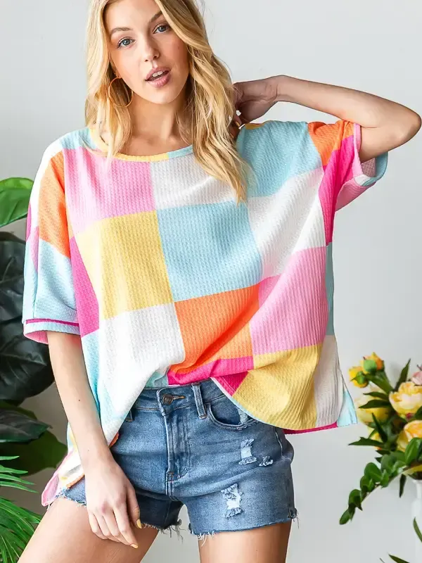 Waffle Knit Checkered Top