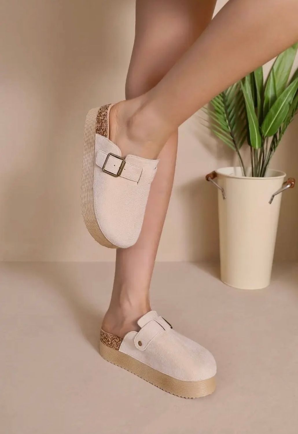 Buckle Wedge Clogs, Color: Beige, Size: 5/5.5 (36)