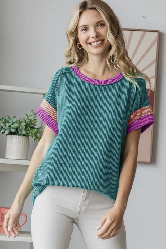 Ribbed Color Block Exposed Stitch Top