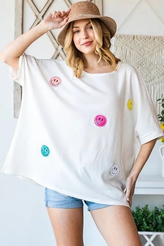 Sequin Smiley Face Patch Oversized Waffle Knit Top