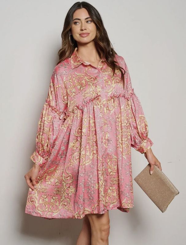 Satin Long Sleeve Button Up Mixed Print Flowy Dress